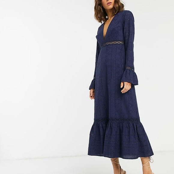NWT ASOS Women’s Plunge Broderie Maxi Dress Peplum Fluted Sleeves Navy Size 6 - Picture 1 of 7